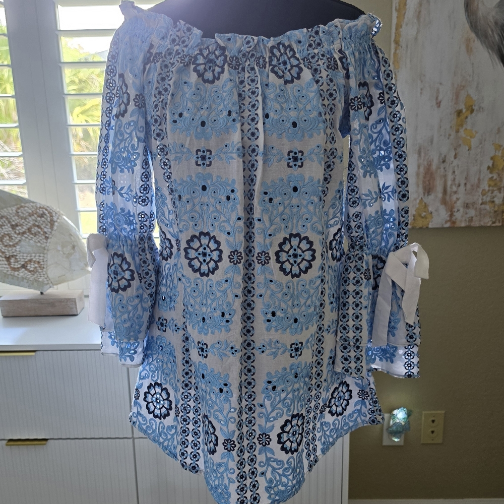 Talk of the Walk Blue and White Floral Off-Shoulder Top